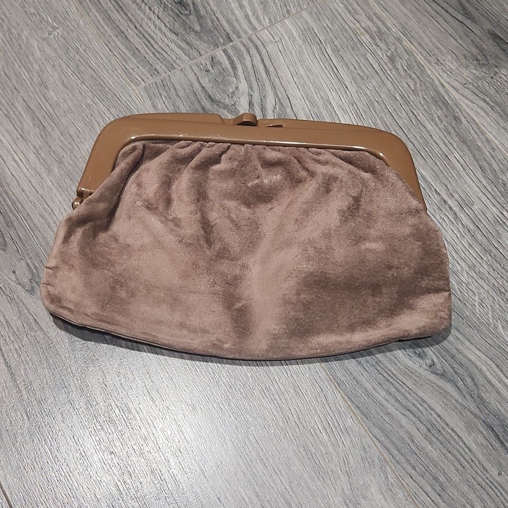 Vintage Brown Suede Leather Italian Kisslock Clutch - Picture 2 of 7